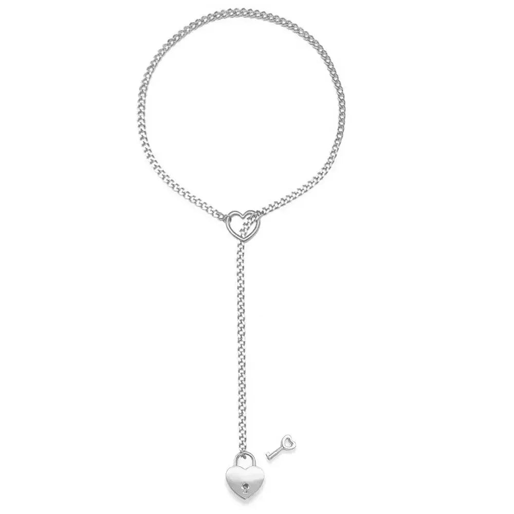 Clarivae adjustable heart O-ring necklace with punk rock Cuban chain lariat Y-style, key, and heart lock pendant.