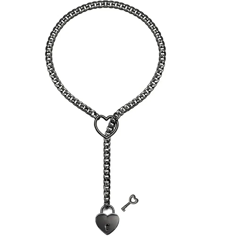 Adjustable Clarivae Heart O-Ring Necklace with punk rock Cuban chain, Y-style lariat, key and heart lock pendants.