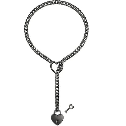 Adjustable Clarivae Heart O-Ring Necklace with punk rock Cuban chain, Y-style lariat, key and heart lock pendants.