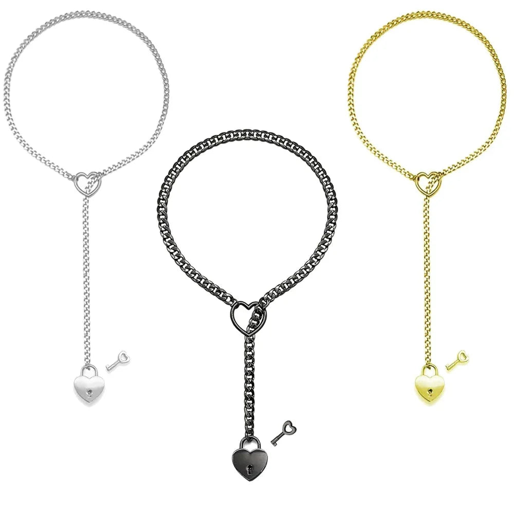 Adjustable Clarivae heart O-ring necklace with punk rock Cuban chain, Y-style lariat with key and heart lock pendant.