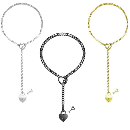 Adjustable Clarivae heart O-ring necklace with punk rock Cuban chain, Y-style lariat with key and heart lock pendant.
