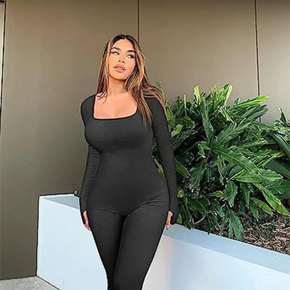 Women's Clarivae seamless long-sleeve yoga jumpsuit displayed on a model, highlighting its comfortable fit and sleek design.