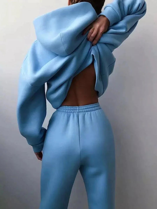 Clarivae two-piece tracksuit set with matching hoodie and sweatpants, navy blue, casual athletic wear for men or women.