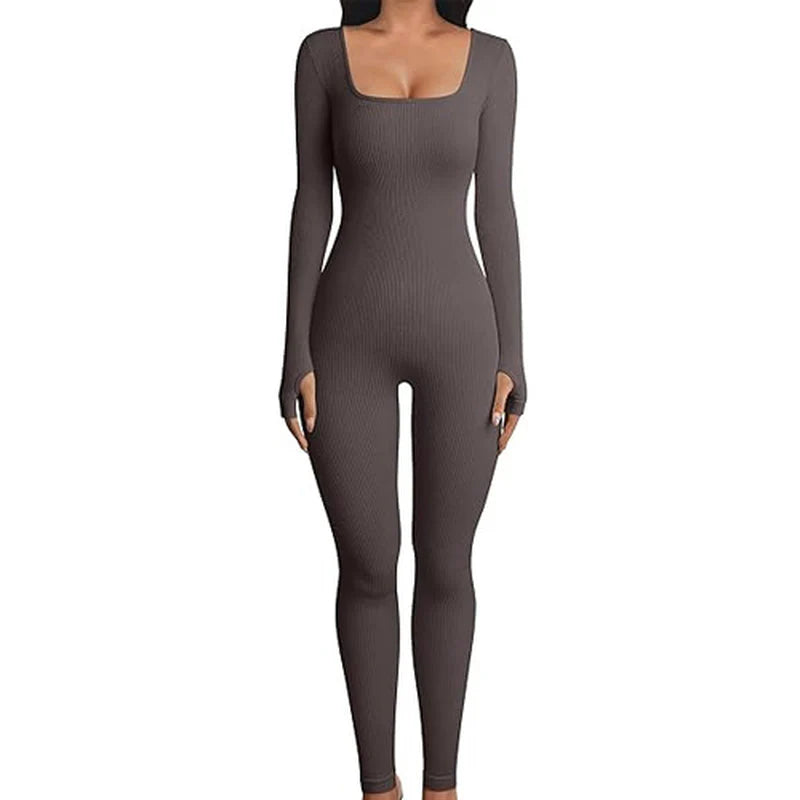 Women's Clarivae seamless long-sleeve yoga jumpsuit, form-fitting athletic wear with a sleek design and comfortable stretch fabric.