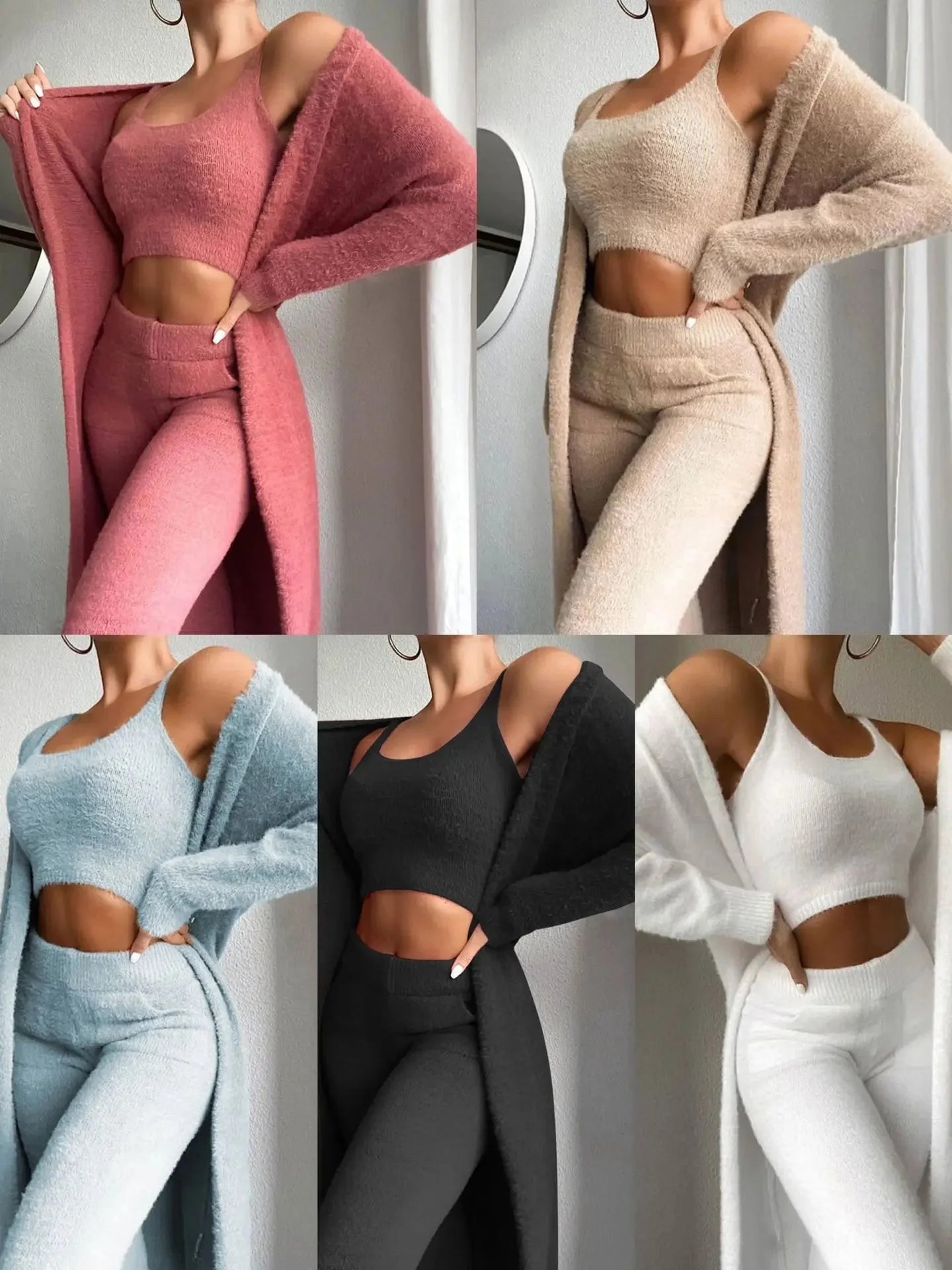 Soft pink 3-piece fuzzy fleece loungewear set by Clarivae featuring a cozy top, pants, and matching shorts for comfortable relaxation.