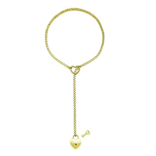 Adjustable Clarivae heart O-ring necklace with punk rock Cuban chain, Y-style lariat, key and heart lock pendants.